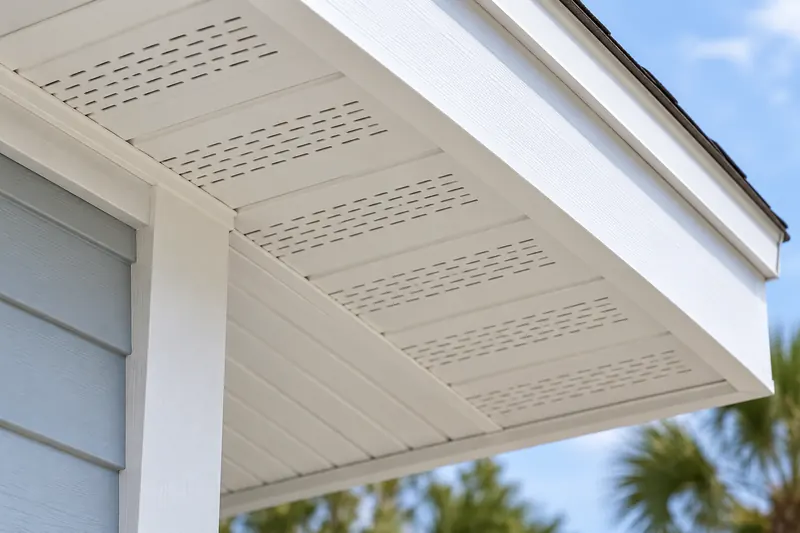 White ventilated soffit panels beneath a roof overhang — Charleston National repair illustration