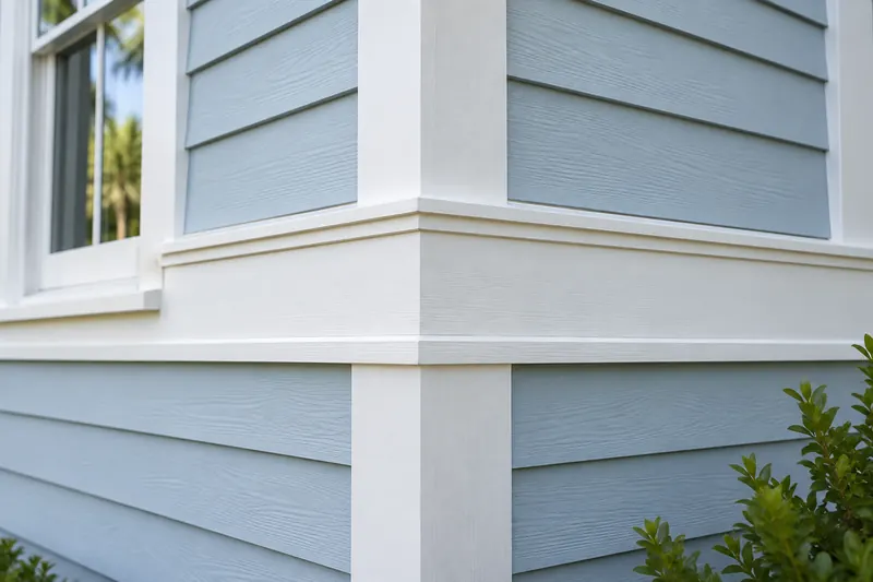 White corner boards and band trim against pale blue siding — East Cooper repair illustration