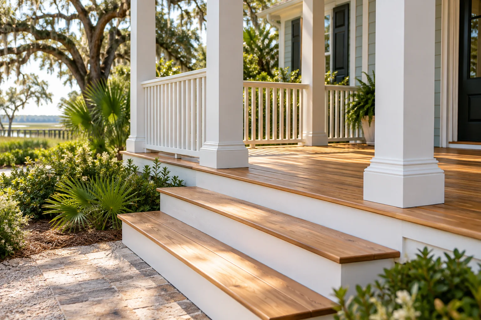 Illustration of wood porch decking and steps with white column bases and railings, for Rivertown porch repair